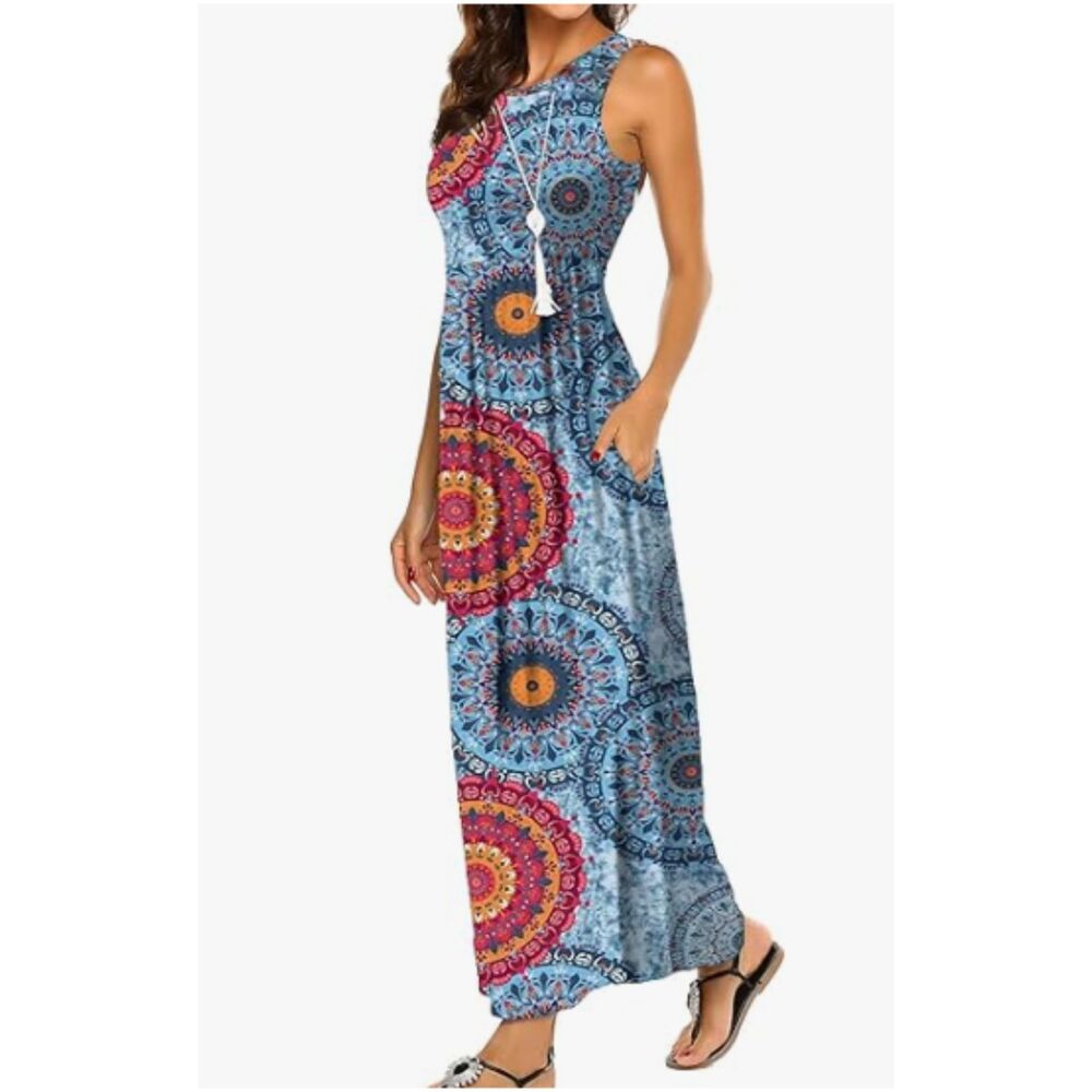 Grecerelle Blue Paisley Boho Racer Back Pockets Maxi Dress Size Large
